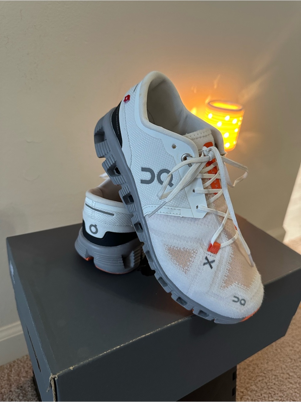 On Running Cloud X 3, Women’s Sneakers in White, Gray and Orange Trim. Size 7